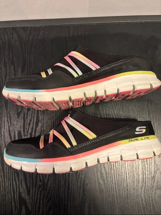Skechers Black Slip-On Athletic Sneakers with Pastel Rainbow Straps - Picture 4 of 6